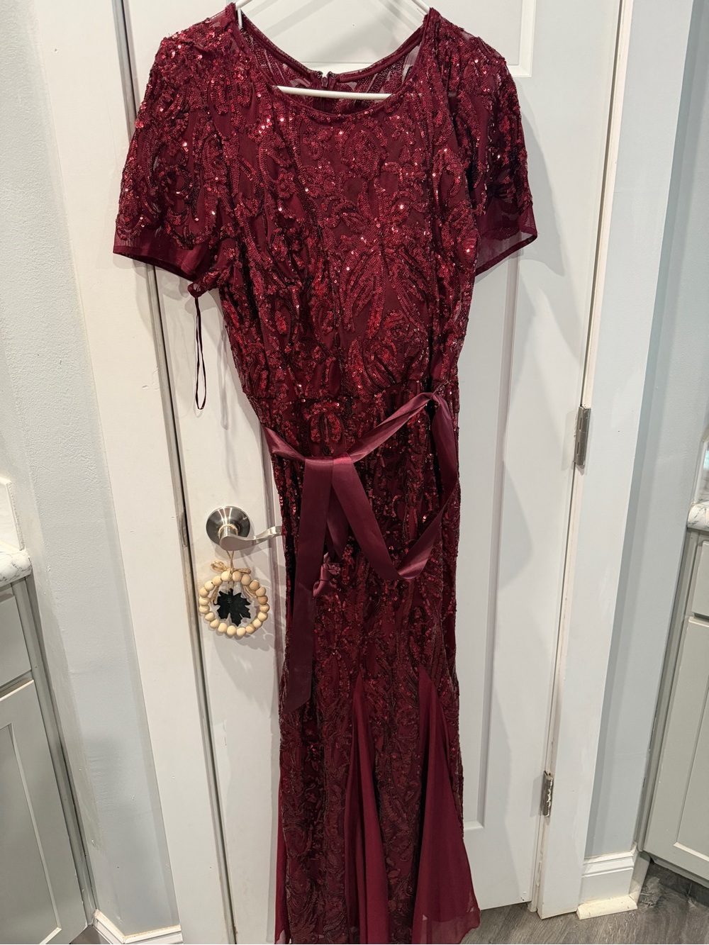 R&M Richards Burgundy Sequin Beaded Mermaid Gown with Satin Waist Tie